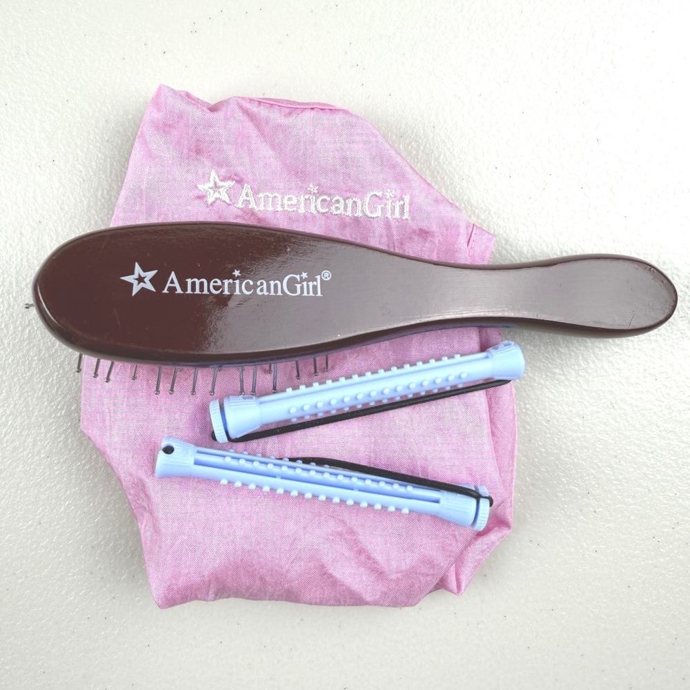 American Girl Doll Hair Care Set Wood Wire Brush Blue Rollers Pink Cape